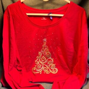 Catherines Red Long Sleeve Top with Gold Swirl Tree Design
